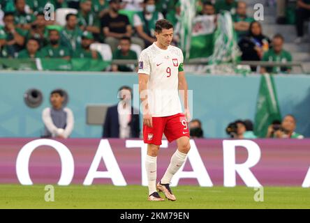 Doha, Katar. 26th Nov, 2022. firo : 26.11.2022, Football, Soccer, FIFA WORLD CUP 2022 QATAR, World Cup 2022 Qatar, World Cup 2022 Qatar, Group stage, Group C, Game 22, Poland - Saudi Arabia Robert LEWANDOWSKI, Poland, disappointment Credit: dpa/Alamy Live News Stock Photo