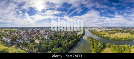 Aerial drone picture of the historical city of Steinheim near Hanau at river Main in Germany during daytime Stock Photo