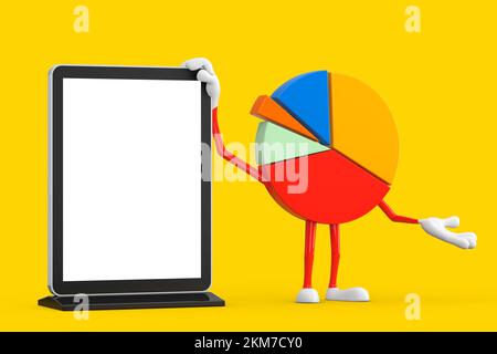 Info Graphics Business Pie Chart Character Person with Blank Trade Show LCD Screen Display Stand as Template for Your Design on a yellow background. 3 Stock Photo