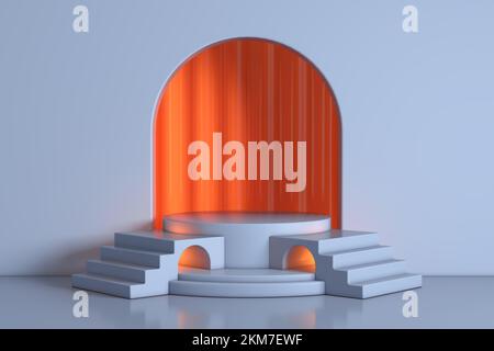 Empty Blue Realistic Cylinder Product Promotion Stand Podium with Arch Window in Studio Room with Steps extreme closeup. 3d Rendering Stock Photo