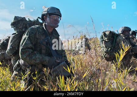 Shinto, Japan. 26th Nov, 2022. Member of Japan Ground Self-Defense Force's 1st Airborne Brigade take part in the United Kingdom and Japan joint military exercise 'Vigilant Isles' at Somagahara Maneuver Area in Gunma-Prefecture, Japan on Saturday, November 26, 2022. Photo by Keizo Mori/UPI Credit: UPI/Alamy Live News Stock Photo