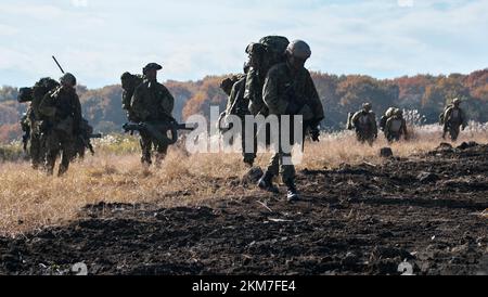 Shinto, Japan. 26th Nov, 2022. Member of Japan Ground Self-Defense Force's 1st Airborne Brigade and British Army 's 1st Royal Horse Artillery Regiment take part in the United Kingdom and Japan joint military exercise 'Vigilant Isles' at Somagahara Maneuver Area in Gunma-Prefecture, Japan on Saturday, November 26, 2022. Photo by Keizo Mori/UPI Credit: UPI/Alamy Live News Stock Photo