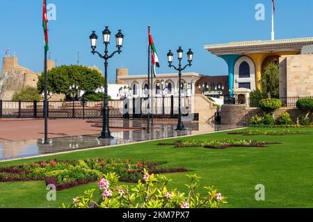 MUTRAH, MUSCAT, OMAN - NOVEMBER 14, 2022: Al Alam Sultan Palace in Muscat, Oman. Arabian Peninsula. Stock Photo