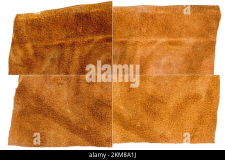 Collection of brown leather textures isolated on white background. Rough uneven edges. Rectangular composite image of leather textures Stock Photo