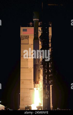 VANDENBURG SPACE FORCE BASE, CALIFORNIA, USA - 10 November 2022 - A United Launch Alliance Atlas V 401 rocket lifts off from Space Launch Complex 3 at Stock Photo