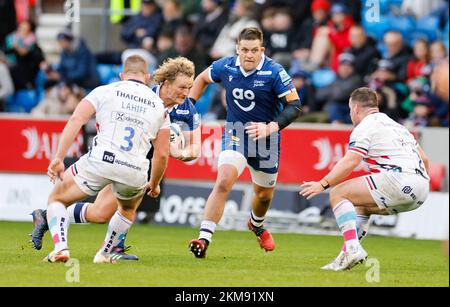 26th November 2022; AJ Bell Stadium, Salford, Lancashire, England; English Premiership Rugby, Sale Sharks versus Bristol Bears;  Ross Harrison of Sale Sharks atackes the Bristol line Stock Photo