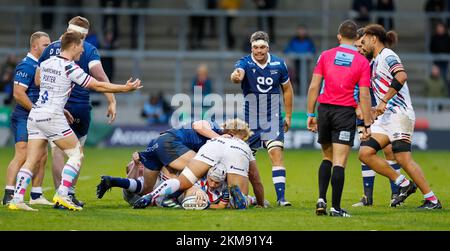 26th November 2022; AJ Bell Stadium, Salford, Lancashire, England; English Premiership Rugby, Sale Sharks versus Bristol Bears; Fitz Harding of Bristol Bears at the bottom of the ruck Stock Photo