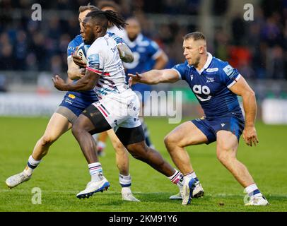 26th November 2022; AJ Bell Stadium, Salford, Lancashire, England; English Premiership Rugby, Sale Sharks versus Bristol Bears; Gabriel Ibitoye of Bristol Bears tracked by Sam Hill of Sale Sharks Stock Photo