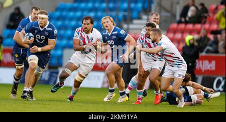 26th November 2022; AJ Bell Stadium, Salford, Lancashire, England; English Premiership Rugby, Sale Sharks versus Bristol Bears; Dan Du Preez of Sale Sharks runs with the ball Stock Photo