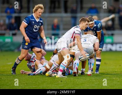 26th November 2022; AJ Bell Stadium, Salford, Lancashire, England; English Premiership Rugby, Sale Sharks versus Bristol Bears; Will Porter of Bristol Bears prepares to clear Stock Photo