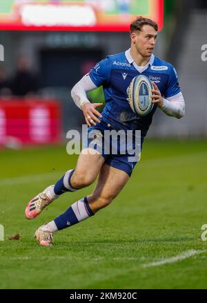 26th November 2022; AJ Bell Stadium, Salford, Lancashire, England; English Premiership Rugby, Sale Sharks versus Bristol Bears; Tom Roebuck of Sale Sharks on the ball Stock Photo