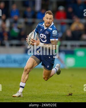 26th November 2022; AJ Bell Stadium, Salford, Lancashire, England; English Premiership Rugby, Sale Sharks versus Bristol Bears; Byron McGuigan of Sale Sharks runs with the ball Stock Photo