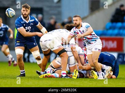 26th November 2022; AJ Bell Stadium, Salford, Lancashire, England; English Premiership Rugby, Sale Sharks versus Bristol Bears; Callum Sheedy of Bristol Bears distributes from the ruck Stock Photo