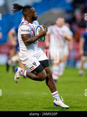 26th November 2022; AJ Bell Stadium, Salford, Lancashire, England; English Premiership Rugby, Sale Sharks versus Bristol Bears; Gabriel Ibitoye of Bristol Bears takes the ball Stock Photo