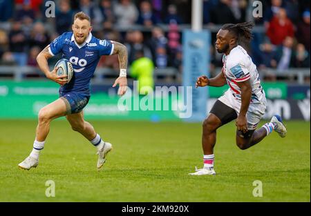 26th November 2022; AJ Bell Stadium, Salford, Lancashire, England; English Premiership Rugby, Sale Sharks versus Bristol Bears; Byron McGuigan of Sale Sharks tracked by Gabriel Ibitoye of Bristol Bears Stock Photo