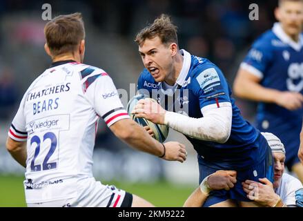 26th November 2022; AJ Bell Stadium, Salford, Lancashire, England; English Premiership Rugby, Sale Sharks versus Bristol Bears; Tom Roebuck of Sale Sharks attacking the Bristol defensive line Stock Photo