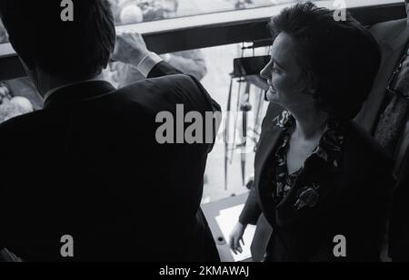 Cherie Blair next to Tony Blair looking out at media and crowds, New Labour Election Campaign 1997 Stock Photo