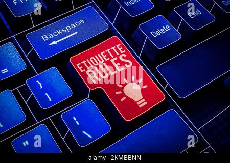 Hand writing sign Etiquette Rules. Word for customs that control accepted behaviour in social groups Stock Photo