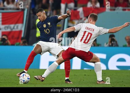 Doha, Katar. 26th Nov, 2022. Kylian MBAPPE (FRA), action, duels versus Christian ERIKSEN (DEN. Game 23, Group D France (FRA) - Denmark (DEN) on November 26th, 2022, Stadium 974 Football World Cup 20122 in Qatar from November 20th - December 18th, 2022 ? Credit: dpa/Alamy Live News Stock Photo