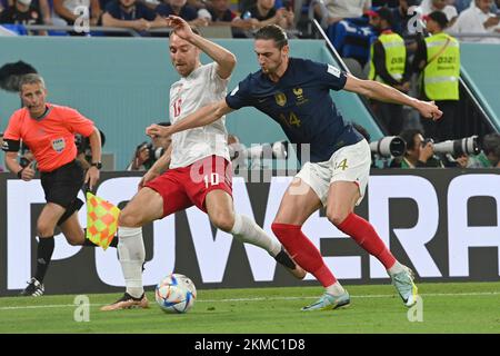 Doha, Katar. 26th Nov, 2022. Christian ERIKSEN (DEN, action, duels versus TCHOUAMENI Aurelien (FRA). Game 23, Group D France (FRA) - Denmark (DEN) on November 26th, 2022, Stadium 974 Football World Cup 20122 in Qatar from November 20th - December 18th, 2022 ? Credit: dpa/Alamy Live News Stock Photo