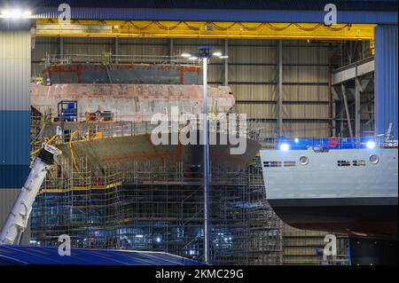 HMS Cardiff, the second of eight Type 26 frigates, under construction at the Govan shipyard in Glasgow - November 2022. Stock Photo