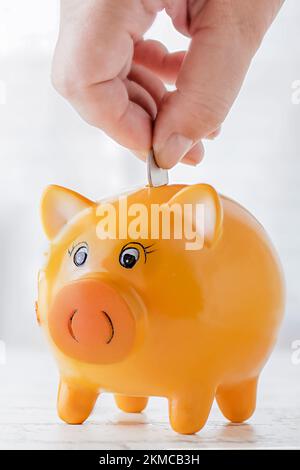 Piggy bank. A female hand puts coins into a piggy bank on the background of a window. Concept of savings, payment of a loan or investment. Copy space. Stock Photo