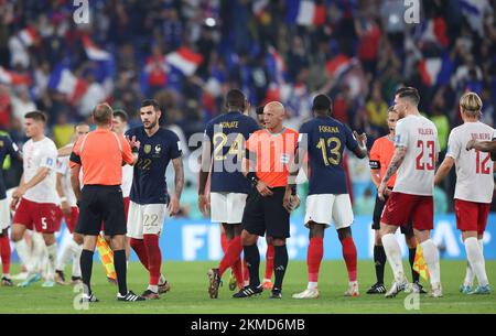 Doha, Qatar. 26th Nov, 2022. Players react after the Group D match between France and Denmark at the 2022 FIFA World Cup at Ras Abu Aboud (974) Stadium in Doha, Qatar, Nov. 26, 2022. Credit: Li Ming/Xinhua/Alamy Live News Stock Photo