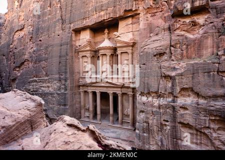 Treasury or Khazne al-Firaun Detail in Petra, Jordan, the Facade of a Nabatean Tomb near Wadi Musa Stock Photo