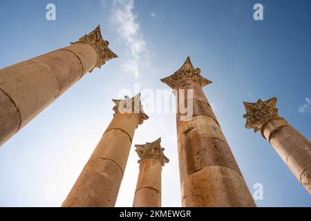 Artemis Temple Corinthian Pillars in the Ancient Roman City of Gerasa near Jerash, Jordan Stock Photo