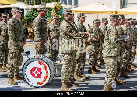 Miami Beach Florida,South Beach Lummus Park,Veterans Day Parade annual event,Florida National Guard 13th Army Band,formation at ease wearing uniforms Stock Photo