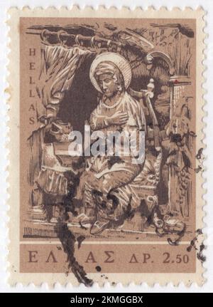 GREECE - 1964 June 10: An 2,50 drachma multicolored postage stamp depicting Lady, fresco by Panselinos, Protaton Church, Mt. Athos. Byzantine Art Exhibition, Athens. Byzantine art comprises the body of Christian Greek artistic products of the Eastern Roman Empire, as well as the nations and states that inherited culturally from the empire. Though the empire itself emerged from the decline of Rome and lasted until the Fall of Constantinople in 1453, the start date of the Byzantine period is rather clearer in art history than in political history, if still imprecise Stock Photo