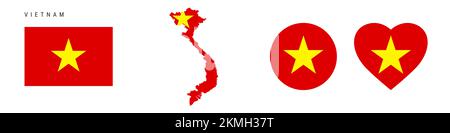 Vietnam flag icon set. Vietnamese pennant in official colors and proportions. Rectangular, map-shaped, circle and heart-shaped. Flat illustration isol Stock Photo