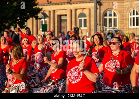 Liverpool, UK: Batala Mersey community drumming group at the annual Brazilica parade, Mount Pleasant Stock Photo