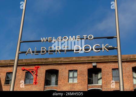 Liverpool, UK: Welcome to Albert Dock entrance sign, Gower Street. Stock Photo