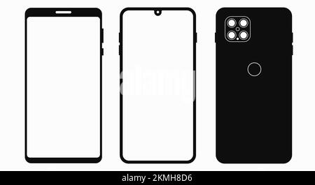 Smartphone with a frame, frameless smartphone with notch and quad cameras, blank white display, front and back side. Solid black silhouette cellphone Stock Photo