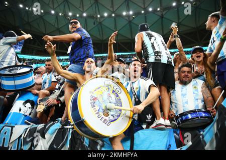 Lusail, Qatar. 27th Nov, 2022. Soccer, World Cup, Argentina - Mexico, Preliminary round, Group C, Matchday 2, Lusail Iconic Stadium, Fans of the Argentine team cheer after the end of the match. Credit: Tom Weller/dpa/Alamy Live News Stock Photo