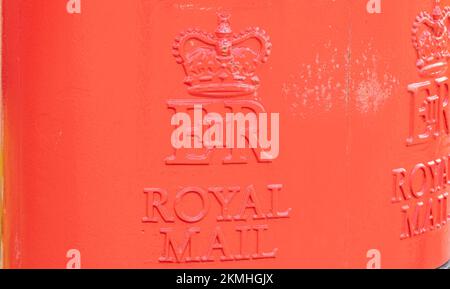 royal mail logo and queen elizabeth 2nd crown on red post box Stock Photo