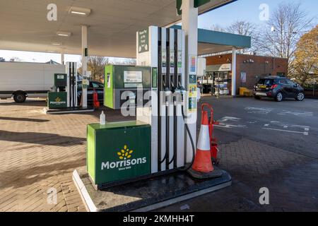 Newcastle-under-Lyme, Staffordshire-United Kingdom November 25, 2022, Morrison petrol and diesel station, one of the top suppliers of fuel to local c Stock Photo