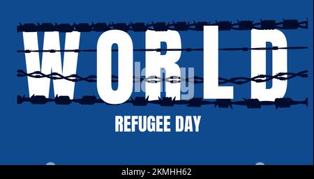 Image of world refugee day text and black strings of barbed wire on dark blue background Stock Photo