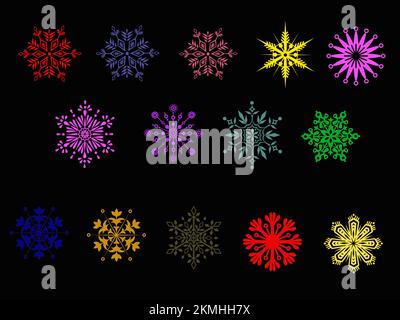 collection of brightly coloured Christmas snowflakes on black Stock Photo