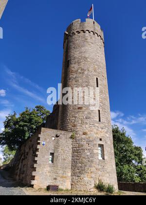 A beautiful low angle shot of famous Starkenburg castle in Heppenheim, Germany under blue sky Stock Photo