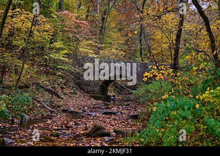 Neshaminy Creek in Tyler State Park in Bucks County,Pennsylvania USA. With a small creek and arched stone bridge. On a rainy fall day. Stock Photo