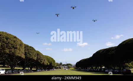 MV-22 Osprey tiltrotor aircraft conduct a flyover during a military honors ceremony for late retired U.S. Marine Corps Lt. Gen. Emerson Gardner at the National Memorial Cemetery of the Pacific (Punchbowl), Hawaii, Nov. 18, 2022. Gardner served as director for operations for U.S. Pacific Command at Camp Smith. Following retirement, Gardner sat on the board of directors for the Japan-America Society of Hawaii, the U.S. Army Science Board, and was the director of the Olmsted Foundations. Gardner died on Oct. 11, 2022. (U.S. Marine Corps photo by Cpl. Haley Fourmet Gustavsen)