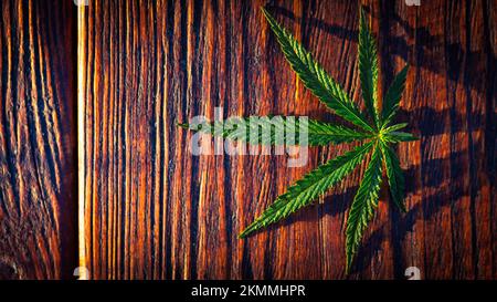 Medical cannabis on a wooden background. Hemp. A wonderful green leaf. Stock Photo
