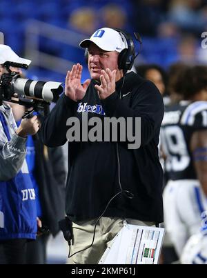 Duke head coach Mike Elko, front, walks along the sideline during the ...