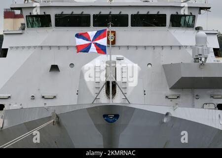 Kanagawa Prefecture, Japan - September 05, 2021: Netherlands naval jack flag on Royal Netherlands Navy HNLMS Evertsen (F805). Stock Photo