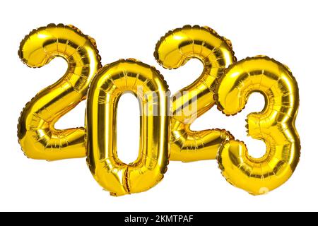 New Year 2023 celebration. Golden Yellow foil color balloons. 2023 balloons. Isolated white background Stock Photo