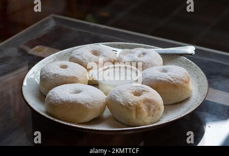 Japan butter donuts with milk cream sauce Stock Photo