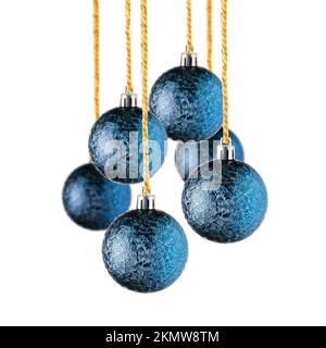 Set of blue Christmas ornaments hanging over white background. Christmas tree decorations isolated on white Stock Photo