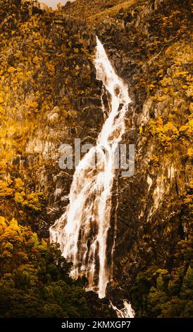 Close up nature view of Horsetail Falls, Queenstown, Tasmania a seasonal waterfall that flows down a steep mountainside after heavy rains. Australian Stock Photo